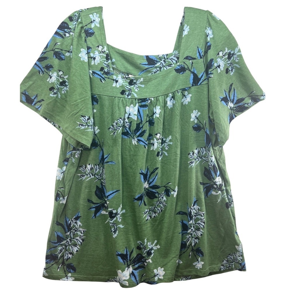 Lucky Brand Womens XL Green Floral Square Neck Flutter Sleeve Blouse Top